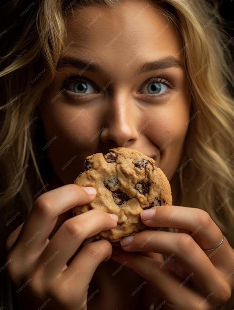 Premium Ai Image A Woman Eating A Chocolate Chip Cookie With A Black Background