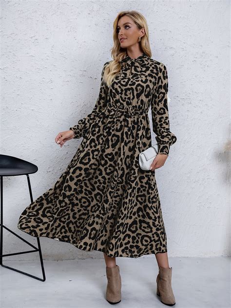 Leopard Print Tie Neck Bishop Sleeve Dress