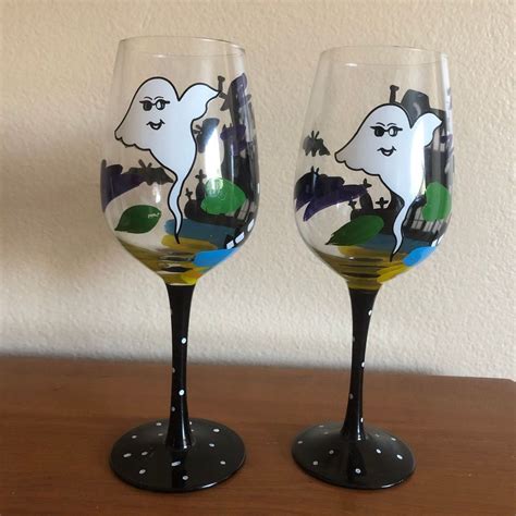 Set Of Two 2 Halloween Wine Glasses Hand Painted Haunted House With Ghosts