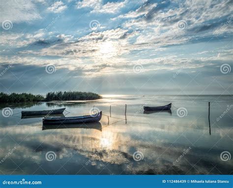 Beautiful Morning Landscape With Boats On The Lake At The Sunrise Stock