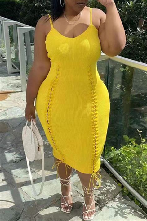 Yellow Fashion Sexy Plus Size Solid Bandage Backless Spaghetti Strap Sleeveless Dressplus Size