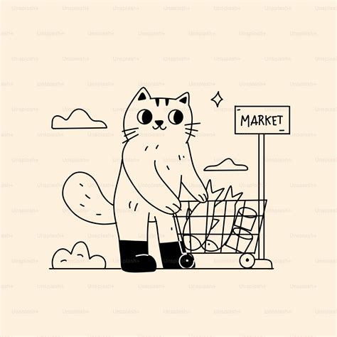 A black and white drawing of a cat with a shopping cart vector – Cat