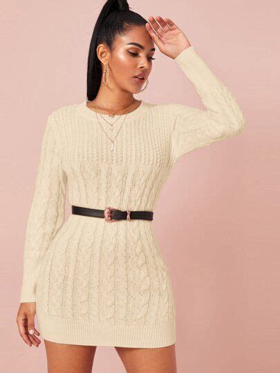 Solid Cable Knit Bodycon Sweater Dress Without Belt Sweater Dress