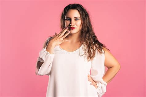 Plus Size Fashion Model In Black One Piece Swimsuit Fat Woman In Lingerie On Pink Background