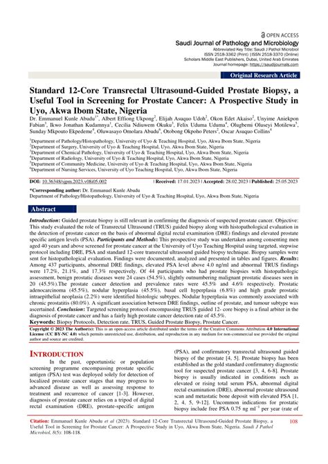 Pdf Standard Core Transrectal Ultrasound Guided Prostate Biopsy A