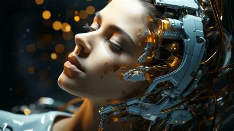 Connection Of Human Woman And Artificial Intelligence Robot The Concept Of Merging A Person And