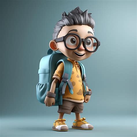 Ilustração 3d de um menino bonito dos desenhos animados mochila e