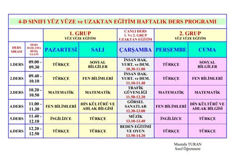 4 Sınıf Yüz Yüze Ve Uzaktan Eğitim Haftalık Ders Programı