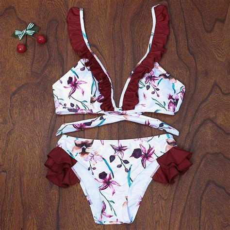 2018 Hot New Sexy Bikinis Set Swimsuit Swimwear Women Shouler BathingSuit Biquini Suit Baked Red