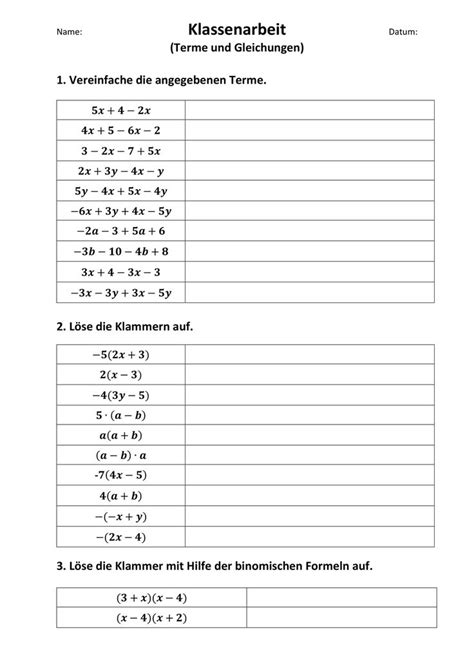 Terme Vereinfachen Gleichungen Klassenarbeit Unterrichtsmaterial