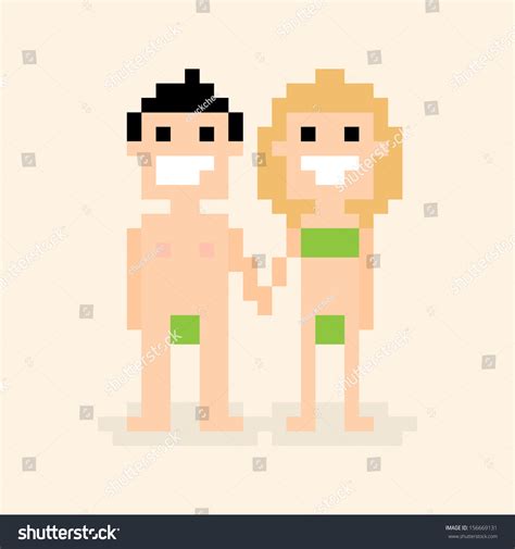 Pixel Art Nude Man And Woman Holding Their Royalty Free Stock Vector