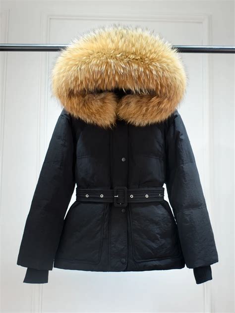 Janveny Winter Puffer Jacket Women Large Real Raccoon Fur Hooded Short