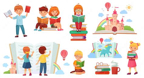 Crianças lendo livro. Biblioteca de criança dos desenhos animados ...