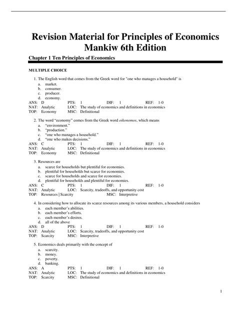 Revision Material For Principles Of Economics Mankiw Th Edition