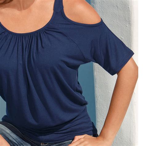 Fashion Casual Loose Round Neck Shoulder Hole Point Blouse T Shirt Tops