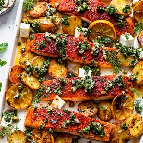 Sheet Pan Salmon and Potatoes with Caper Chimichurri - Dishing Out Health