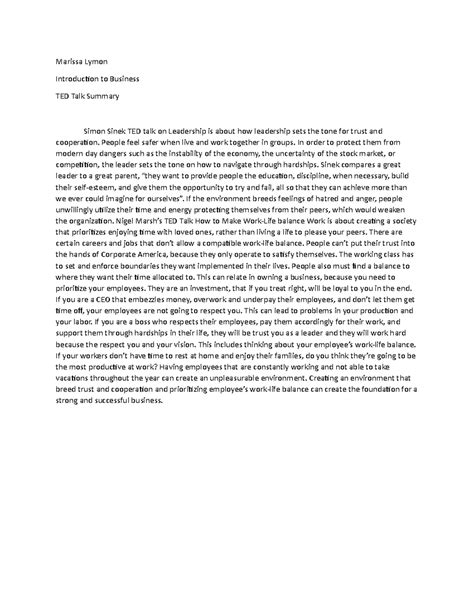 TED Talk Summary - Marissa Lymon Introduction to Business TED Talk
