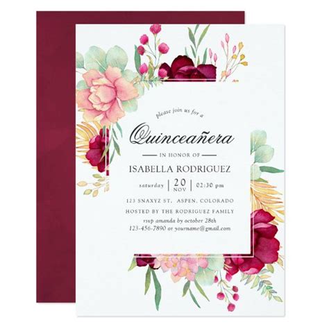 Burgundy And Blush Floral Quincea Era Invitation