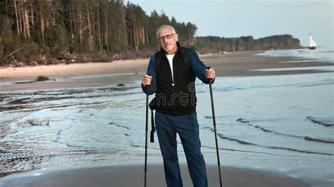 Elderly S Man Backpacker In Cap Scandinavian Walking Stick Sport