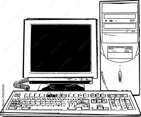 silhouette of old retro computer, sketch drawing of vintage model of ...