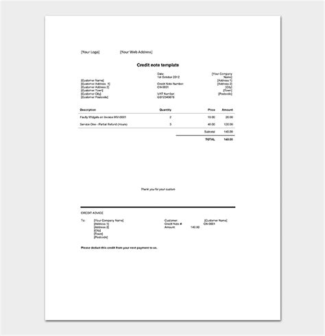 Credit Note Template Word Excel Pdf