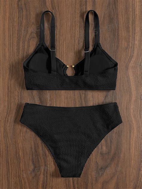 Shein Swim Summer Beach Textured Bikini Set Ring Linked Cut Out Bra Top