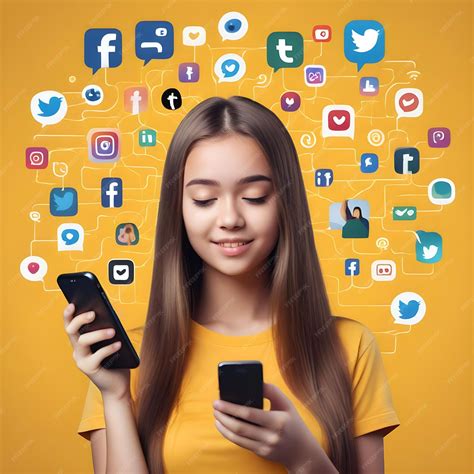 A girl with colorful hair surrounded by social media icons Social Media