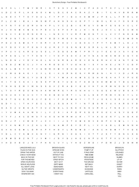 Buckcherry Songs Word Search Hard Logic Lovely