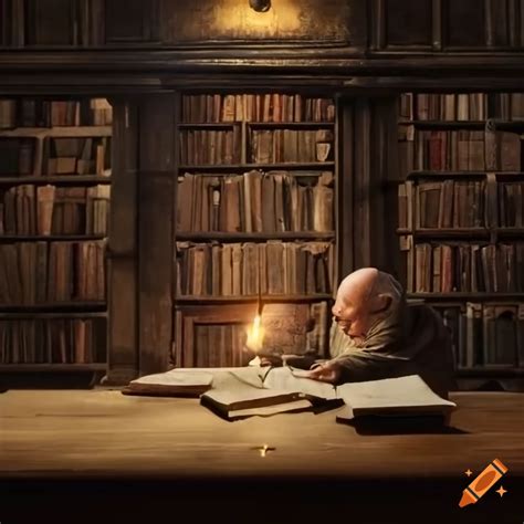 Dimly Lit Medieval Monastery Library With Old Oak Bookshelves And A