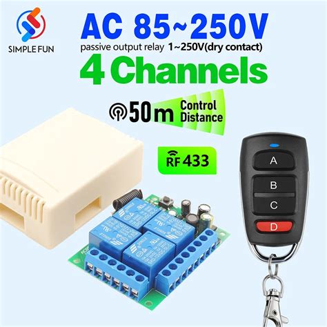 433MHz Universal Wireless Remote Control Switch AC 110V 220V 10A 4CH RF