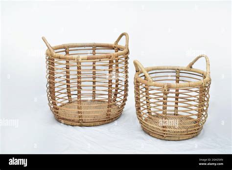 Cane Rattan Landry Round Basket Set On White Background Selective Soft