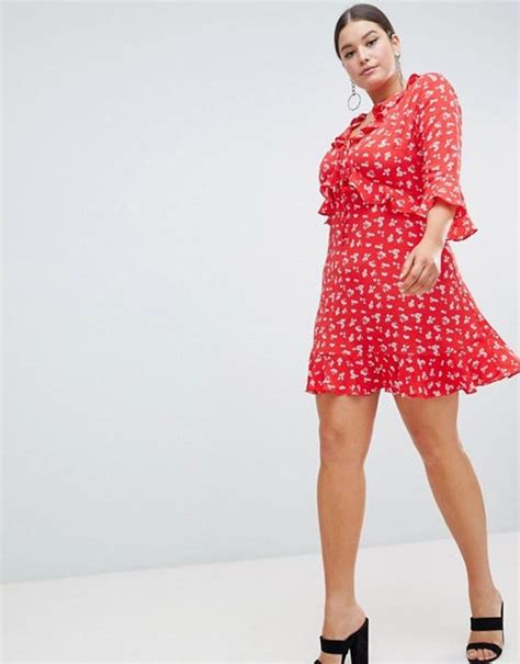 Boohoo Plus Ditsy Print Ruffle Tea Dress