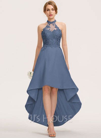 US 145 00 A Line Halter Asymmetrical Chiffon Lace Bridesmaid Dress