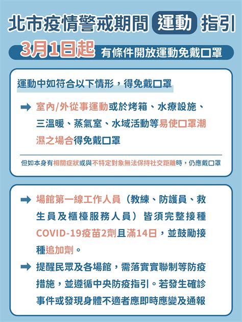 臺北市政府體育局中文官網 新聞稿及採訪通知 北市公布疫情警戒期間運動指引 有條件開放運動免戴口罩