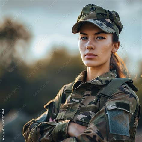 Soldier A Brave Woman In Military Uniform Standing At Attention Army