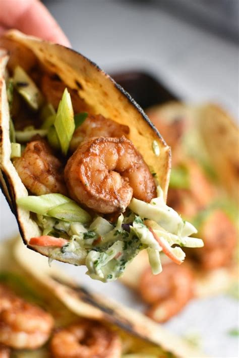 Spicy Shrimp Tacos With Creamy Cilantro Slaw The Dizzy Cook