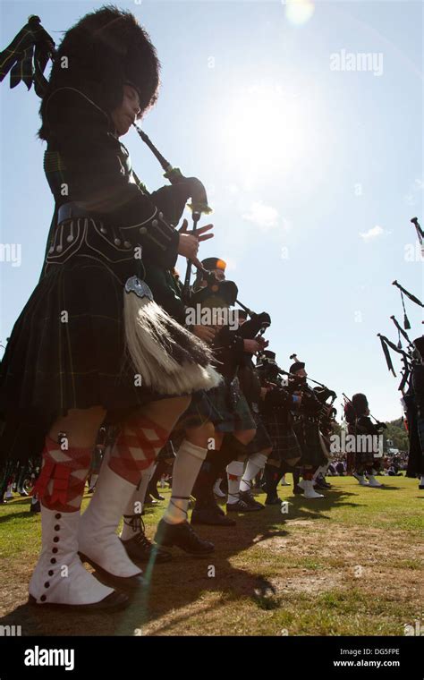 Village Of Braemar Scotland Silhouetted View Of The Massed Pipe Bands