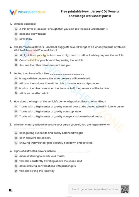 Free Printable New Jersey Cdl General Knowledge Worksheet Part