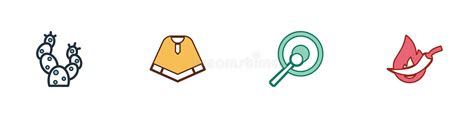 Set Cactus Poncho Gong And Hot Chili Pepper Pod Icon Vector Stock