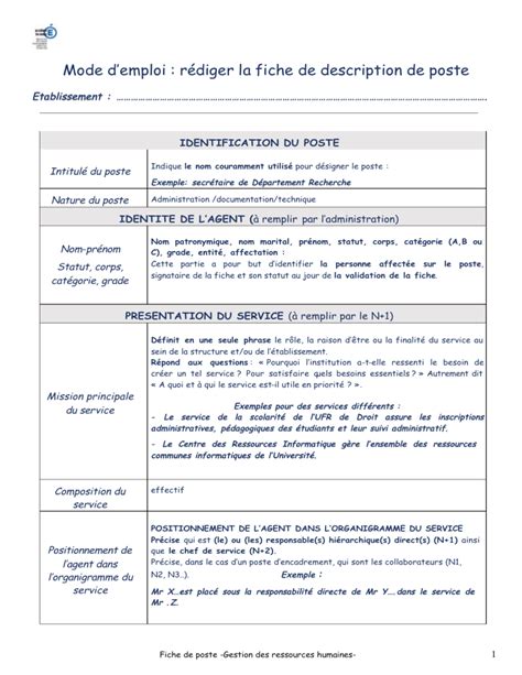 Mode demploi rédiger la fiche de description de poste