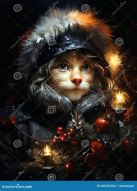 A Black Cat in a Santa Hat with Santa Decorations Stock Illustration ...