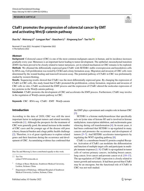 Pdf C5ar1 Promotes The Progression Of Colorectal Cancer By Emt And