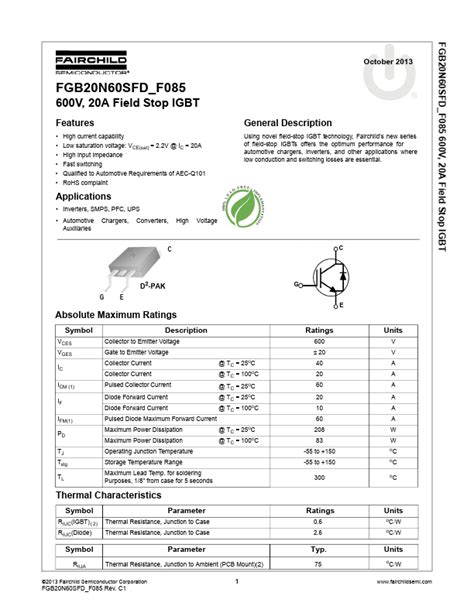 Fgb20n60sfdf085 Datasheet 20a Field Stop Igbt