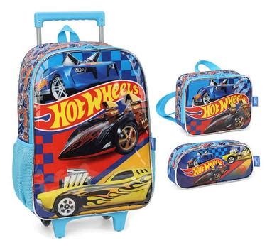 Kit Mochila De Rodinhas Lancheira Estojo Menino Hot Wheels Luxcel