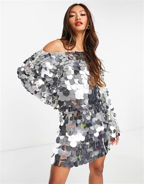 Asos Design Slouchy Embellished Mini Dress In Silveroversized Disc