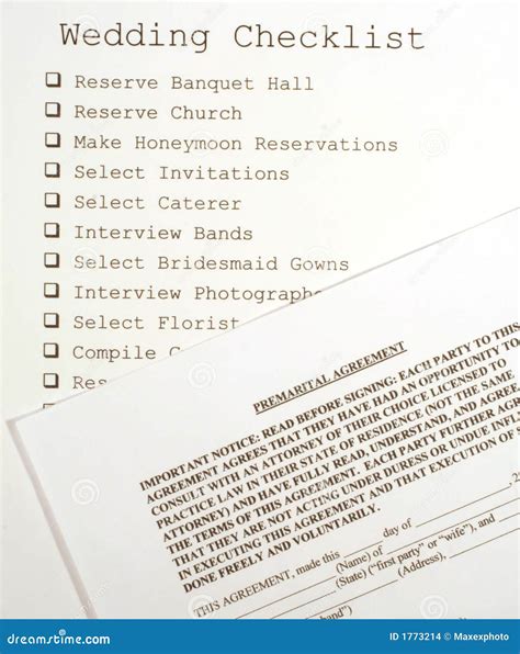 Wedding Checklist and Premarital Agreement Stock Photo - Image of ...