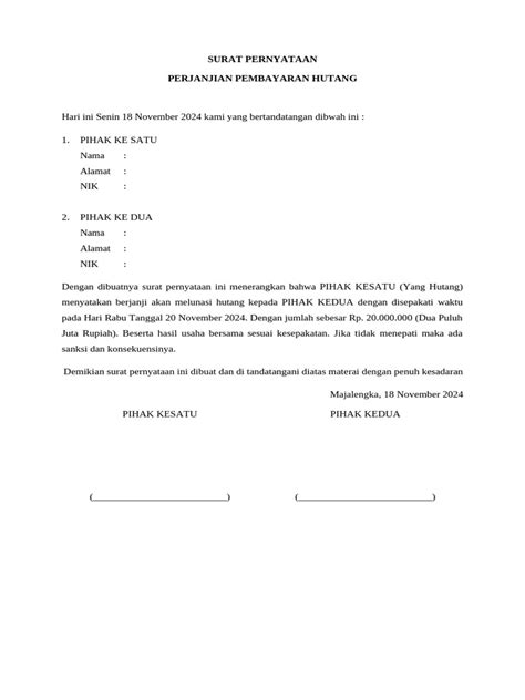 surat pernyataan pembayaran hutang