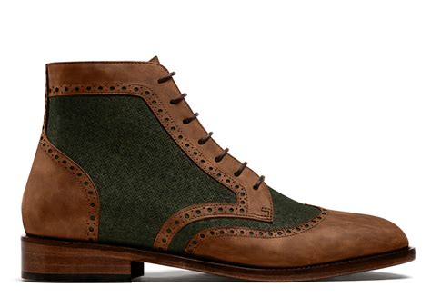 Bottes Homme Brogue En Tweed Et Cuir Cir Vert Et Marron