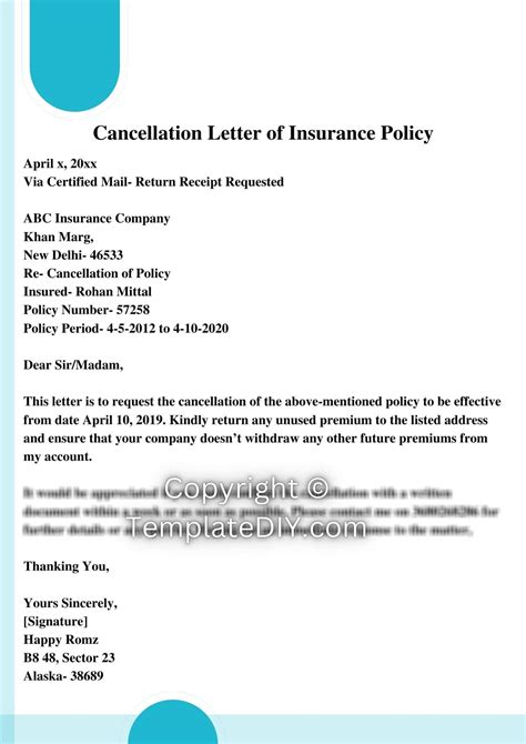 Cancellation Letter For Insurance Policy Sample [word]