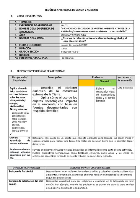 Sesi N De Ciencia Y Ambiente De Junio Sesi N De Aprendizaje De